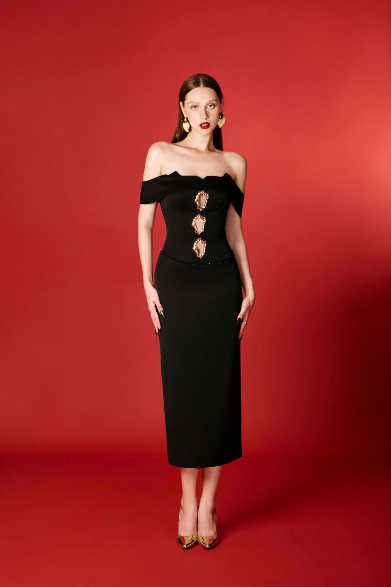 Do Long insecta off-shoulder gown with flowing fabric and elegant design, perfect for formal occasions.