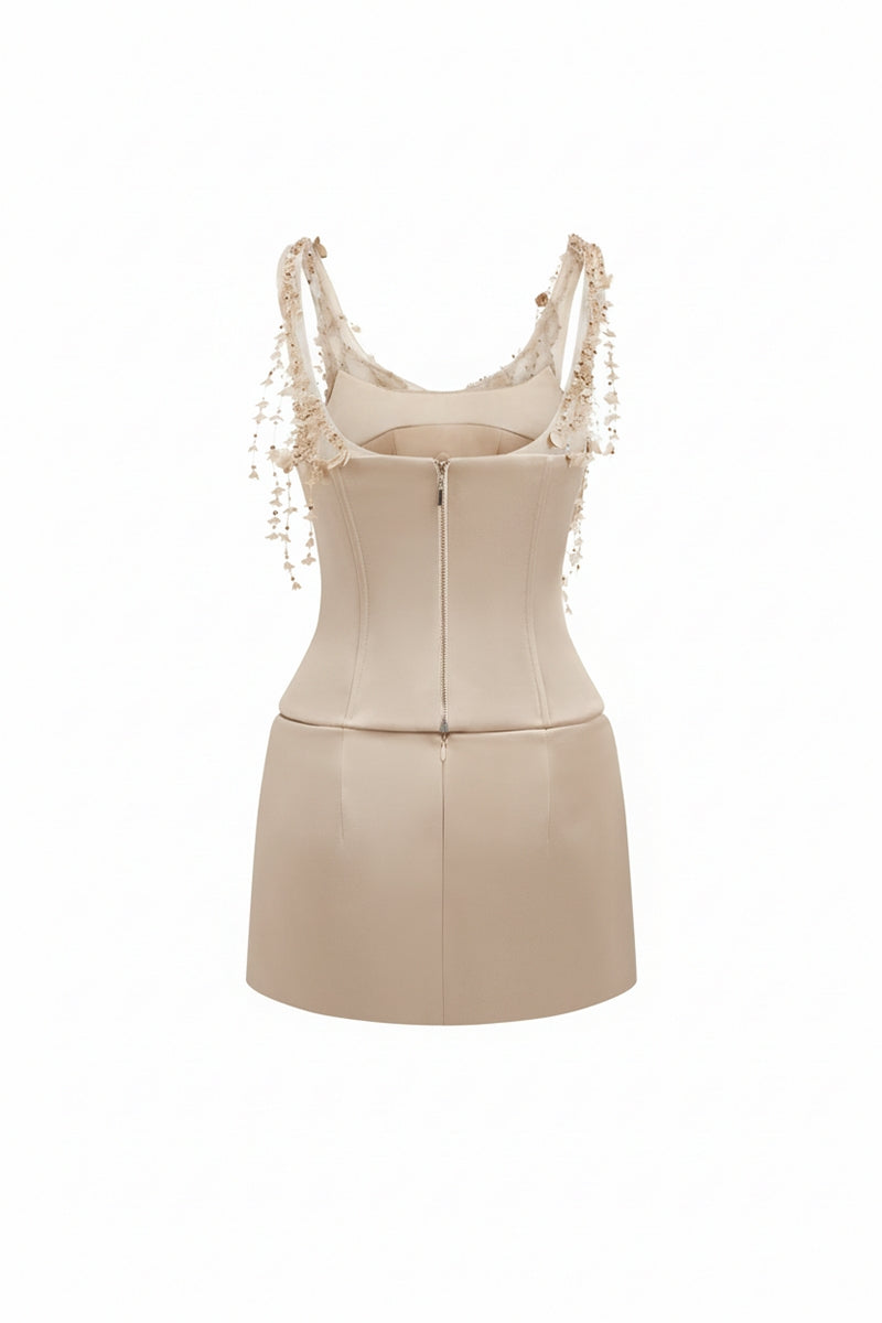 Beige Delilah silk taffeta top and Marielle skirt co-ords by 21Six, featuring elegant silk fabric and a stylish matching set.