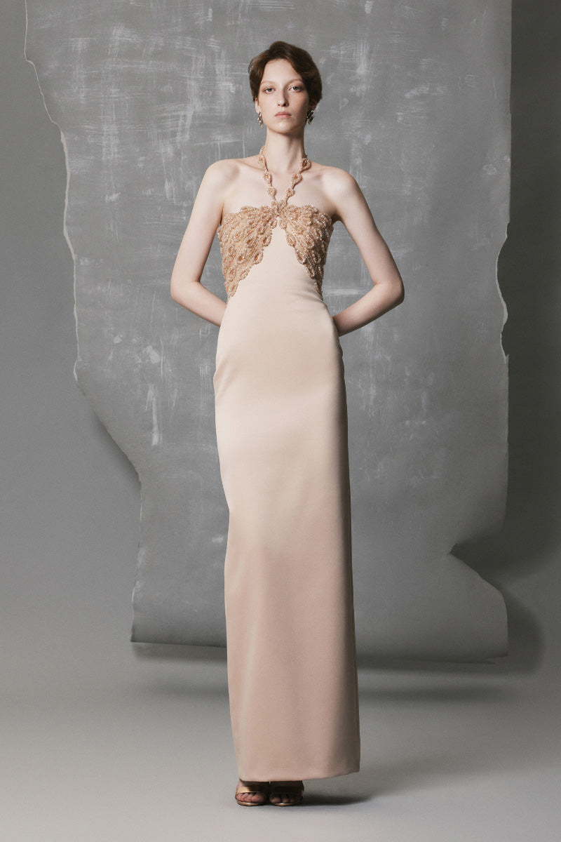 LONG BODYCON DRESS WITH SCULPTED BUST IN GOLD