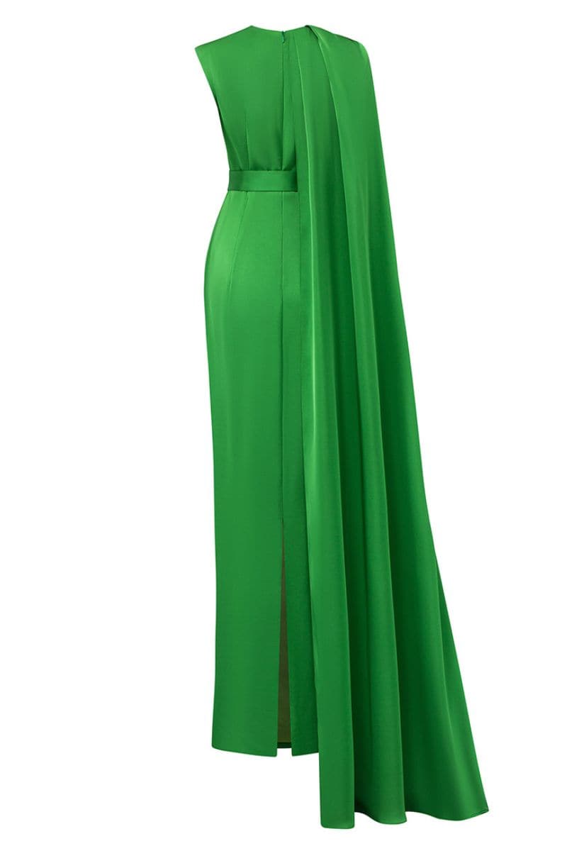 GREEN ONE-SHOULDER CAPE DRAPED SILK DRESS - CULT MIA