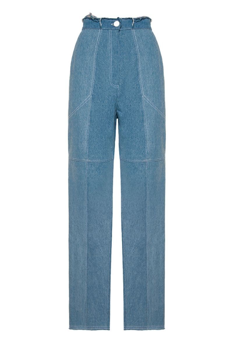 Liya Aqua Denim Relaxed Pants, casual denim pants with a relaxed fit, shown in a light blue wash on a model.