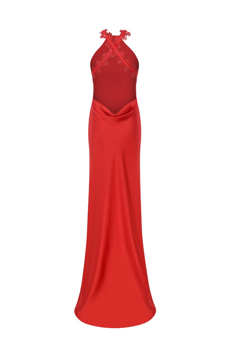 HALTER NECK MAXI SATIN DRESS WITH LACE TRIMMINGS - CULT MIA