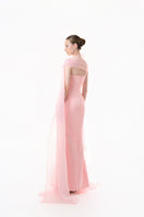 Blush pink draped ruffle gown by Happy Clothing, featuring flowing fabric and elegant ruffle details for formal occasions.