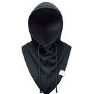 Black balaclava hat by LE SH KA, showing a close-up of the snug, stretchy fabric designed for warmth and face coverage.