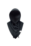Black balaclava hat by LE SH KA, showing a close-up of the snug, stretchy fabric designed for warmth and face coverage.