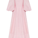 Petal pink BY HAÓ Magnifica midi dress displayed on a hanger, showcasing its elegant design and soft fabric.