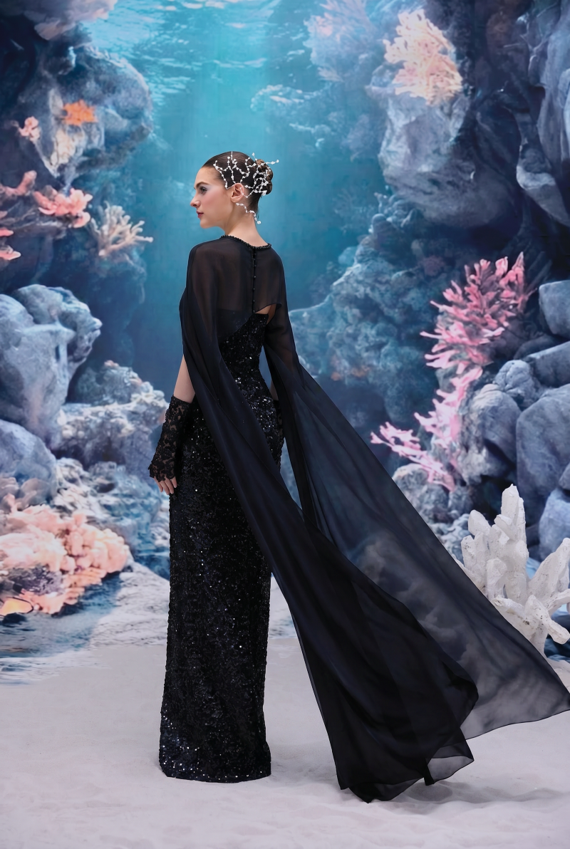 Black Annalise sequin lace gown by 21Six, featuring intricate lace and shimmering sequin details, elegant and sophisticated.