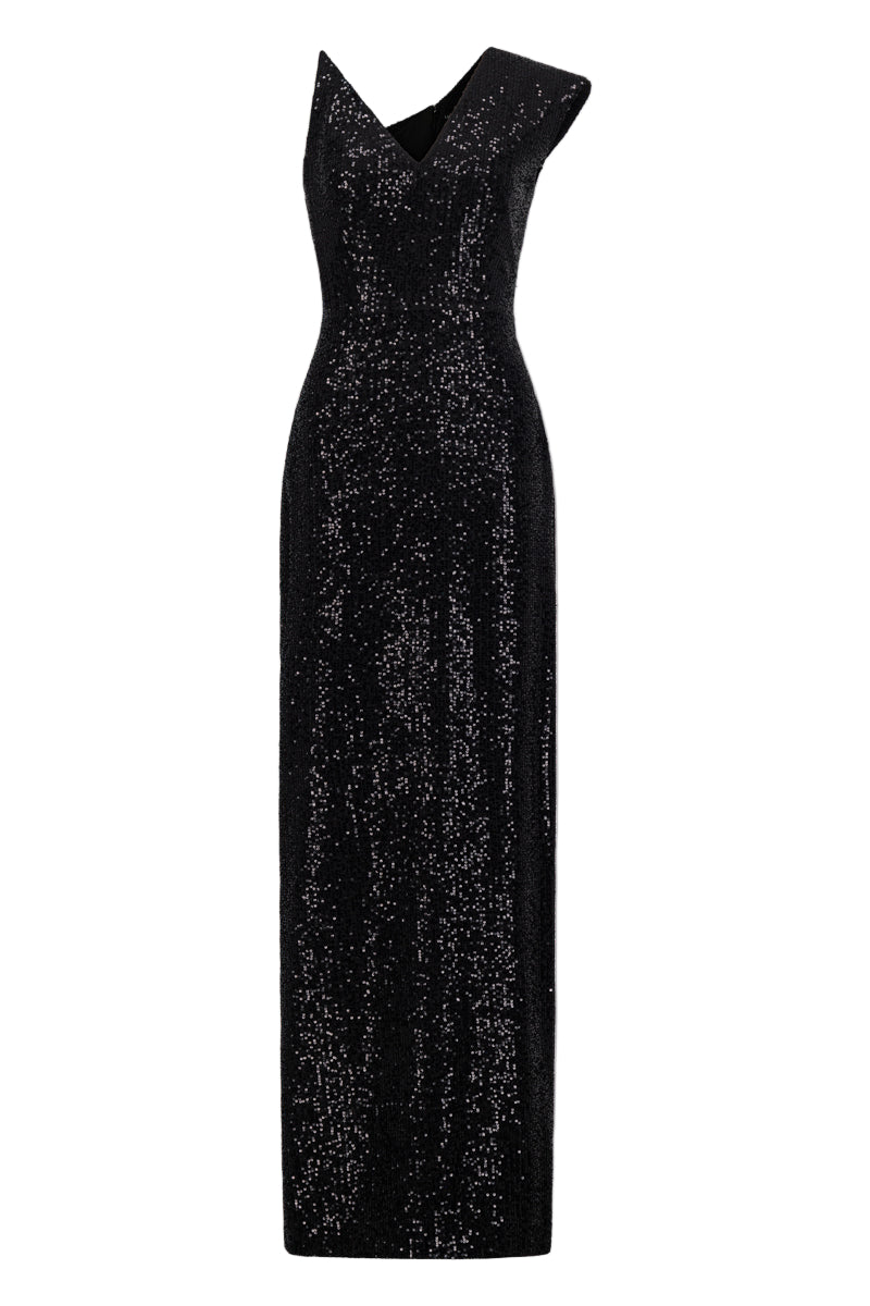 ASYMMETRIC SEQUIN GOWN IN BLACK SPARKLE