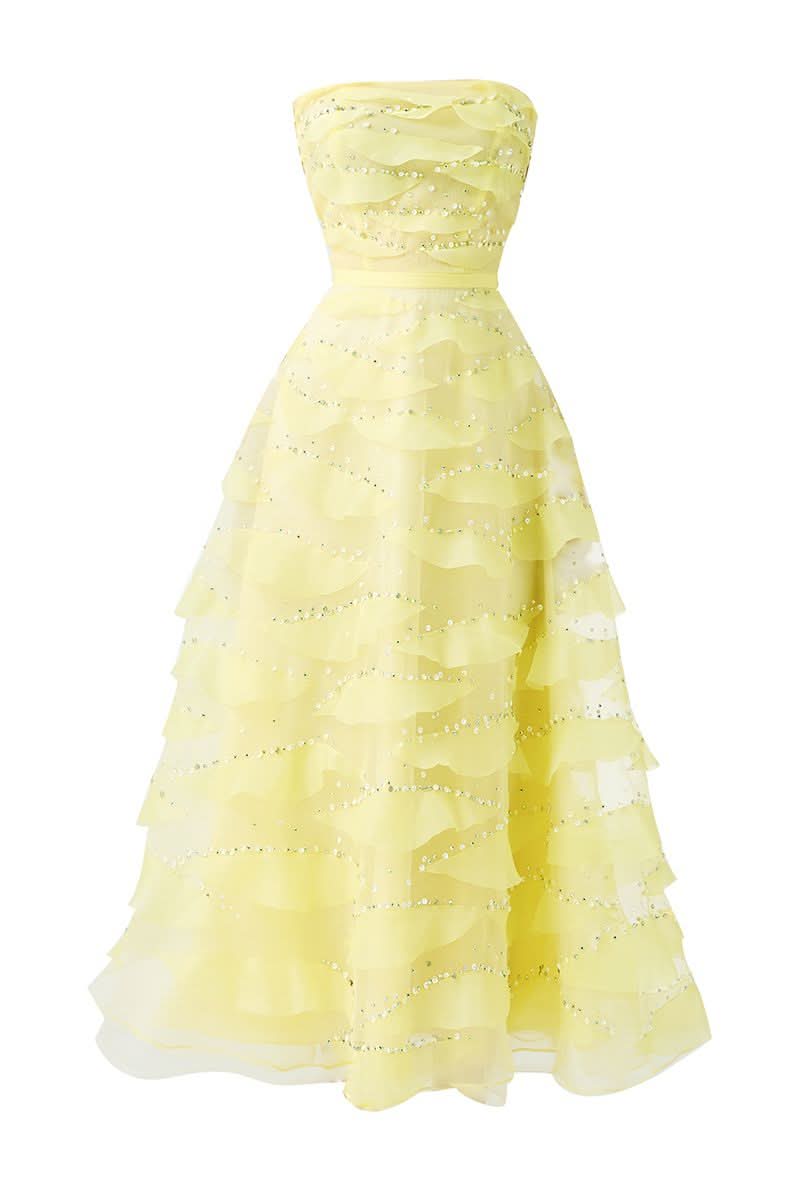 STRAPLESS LIGHT YELLOW MIDI DRESS WITH FLOWER NECKLACE - CULT MIA