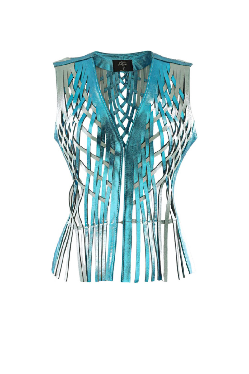Double A Attalea leather vest in vibrant electric blue, showcasing smooth texture and fitted design on a mannequin.