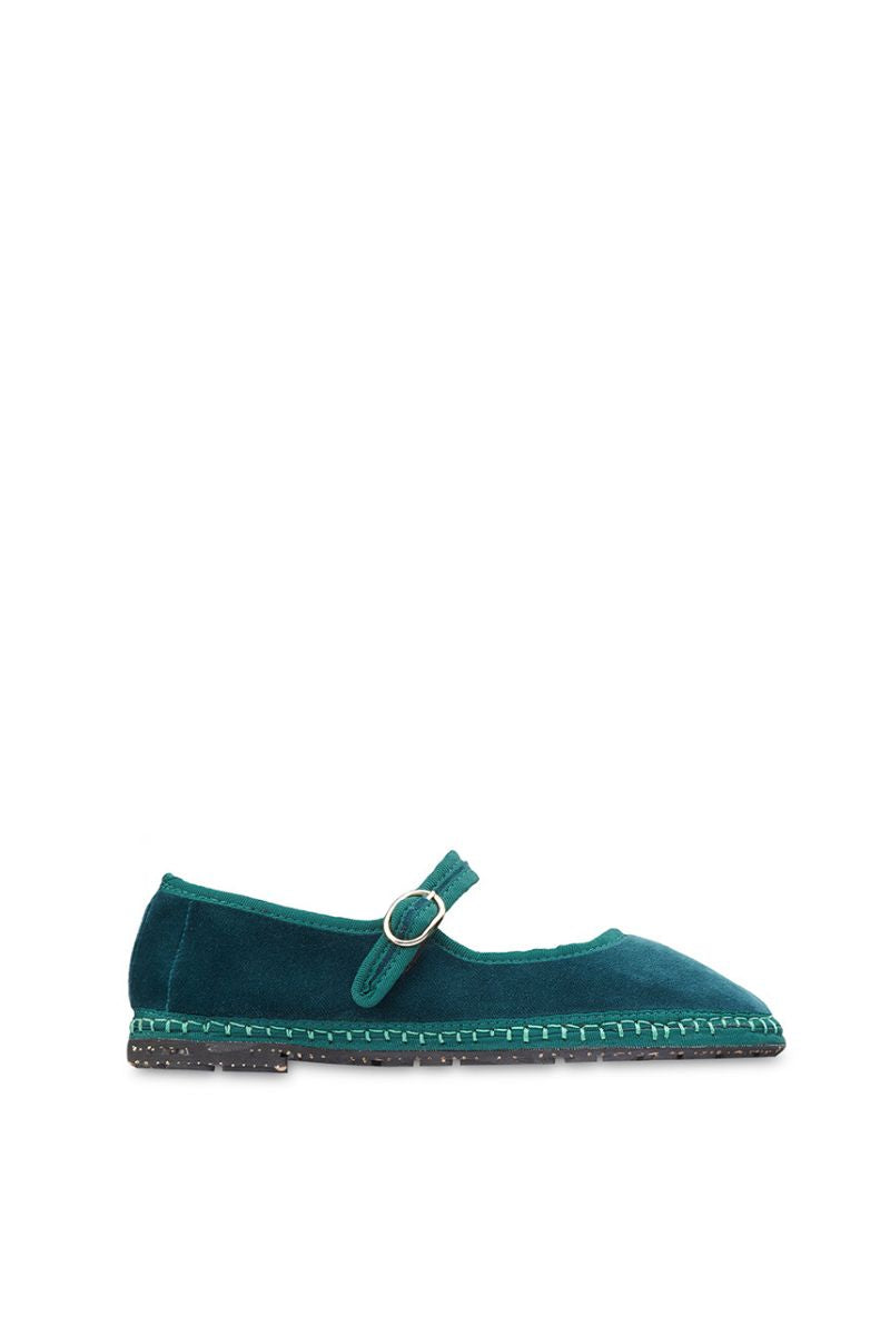 Flabelus Leonor Mary Jane velvet flats in dark green with rounded toe and strap, stylish and comfortable for everyday wear.
