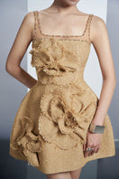 Beige floral tweed mini dress by Happy Clothing, featuring a stylish short dress design with floral patterns and textured fabric.