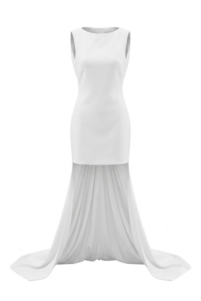 White Plan Ondine Dress mini dress with flowy fabric and stylish design, shown on a model on a white background.