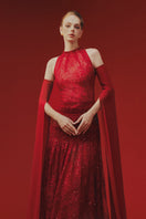 Elegant lace gown by Margée Atelier featuring intricate lace details and a flowing silhouette, perfect for formal occasions.