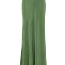 AniLuu AQUAFLORA Lucy slip skirt in moss green, maxi length with flowy fabric, shown hanging on a wooden hanger.