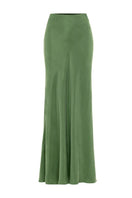 AniLuu AQUAFLORA Lucy slip skirt in moss green, maxi length with flowy fabric, shown hanging on a wooden hanger.