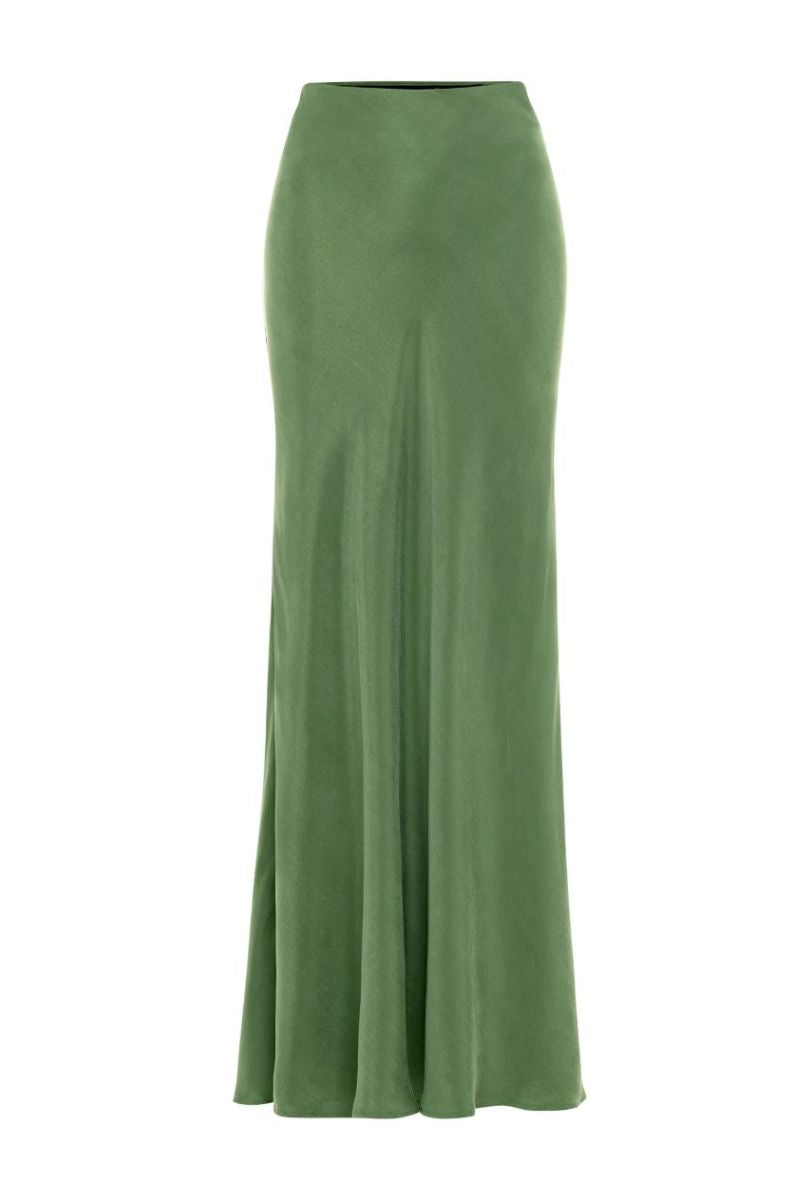 AniLuu AQUAFLORA Lucy slip skirt in moss green, maxi length with flowy fabric, shown hanging on a wooden hanger.