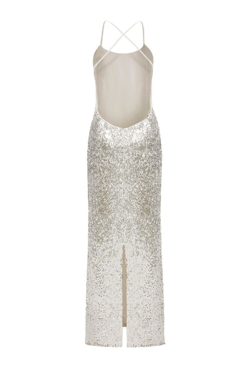 silver open back sequin dress Demure Long Sleeve Open Back Dress Sequin Grey/Silver