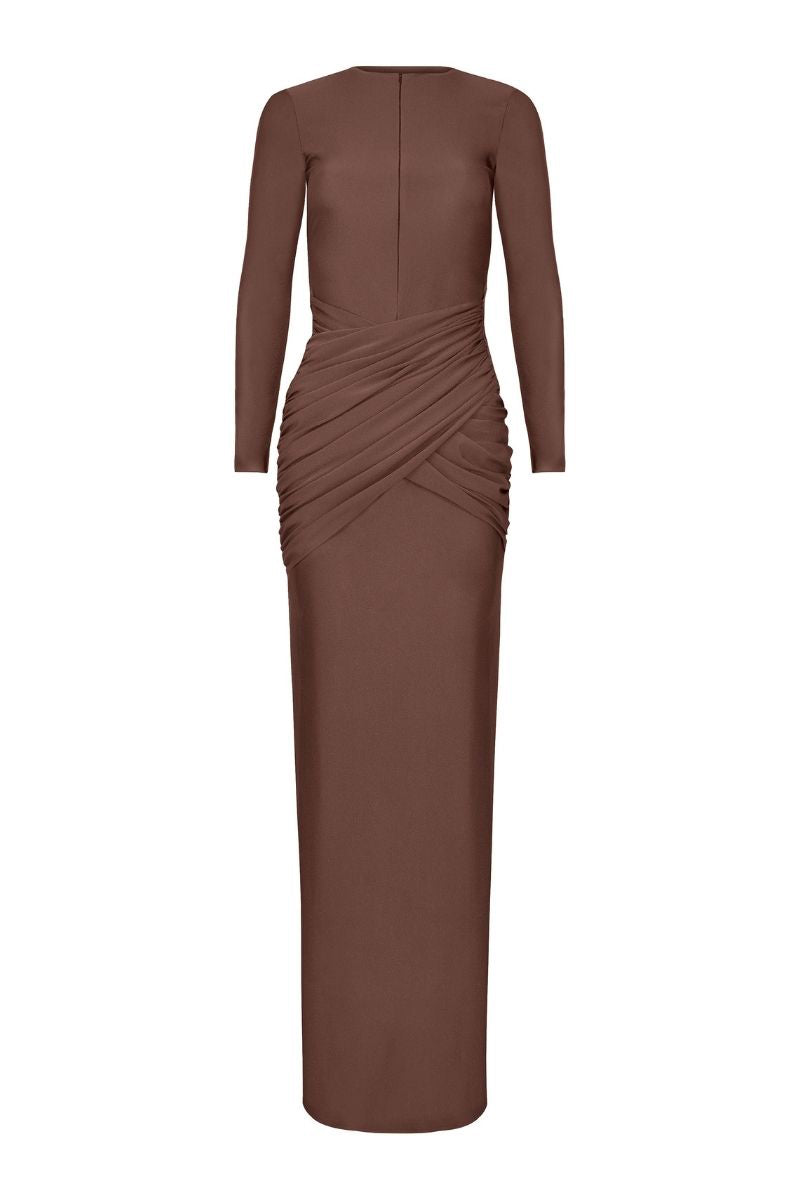LEDIEL Martinica Mocha gown featuring a flowing silhouette and elegant fabric, perfect for formal occasions.