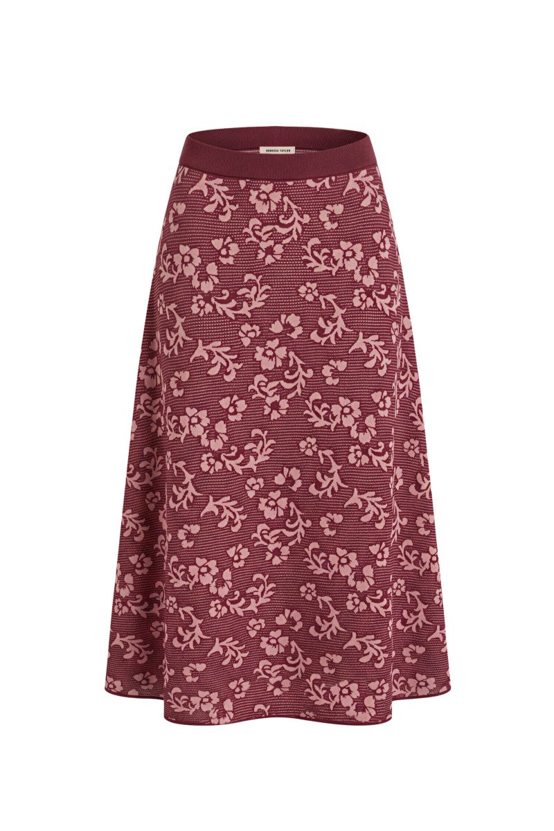 Rebecca Taylor Bryn jacquard midi skirt featuring intricate knit pattern and a fitted waist, perfect for stylish fall outfits.