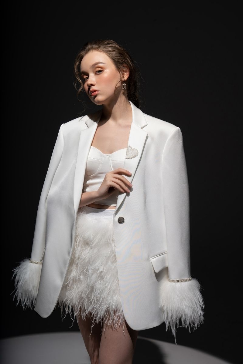 White Kiera taffeta feather blazer set by 21Six, featuring a stylish feather detail blazer and matching co-ord pants.