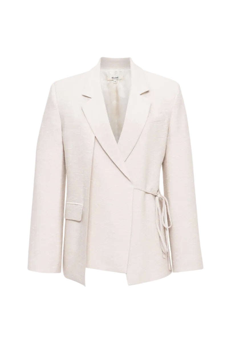 SÉLONE Helia Wrap Blazer in Stone, tailored blazer with a wrap design, featuring a neutral stone color and classic lapel style.