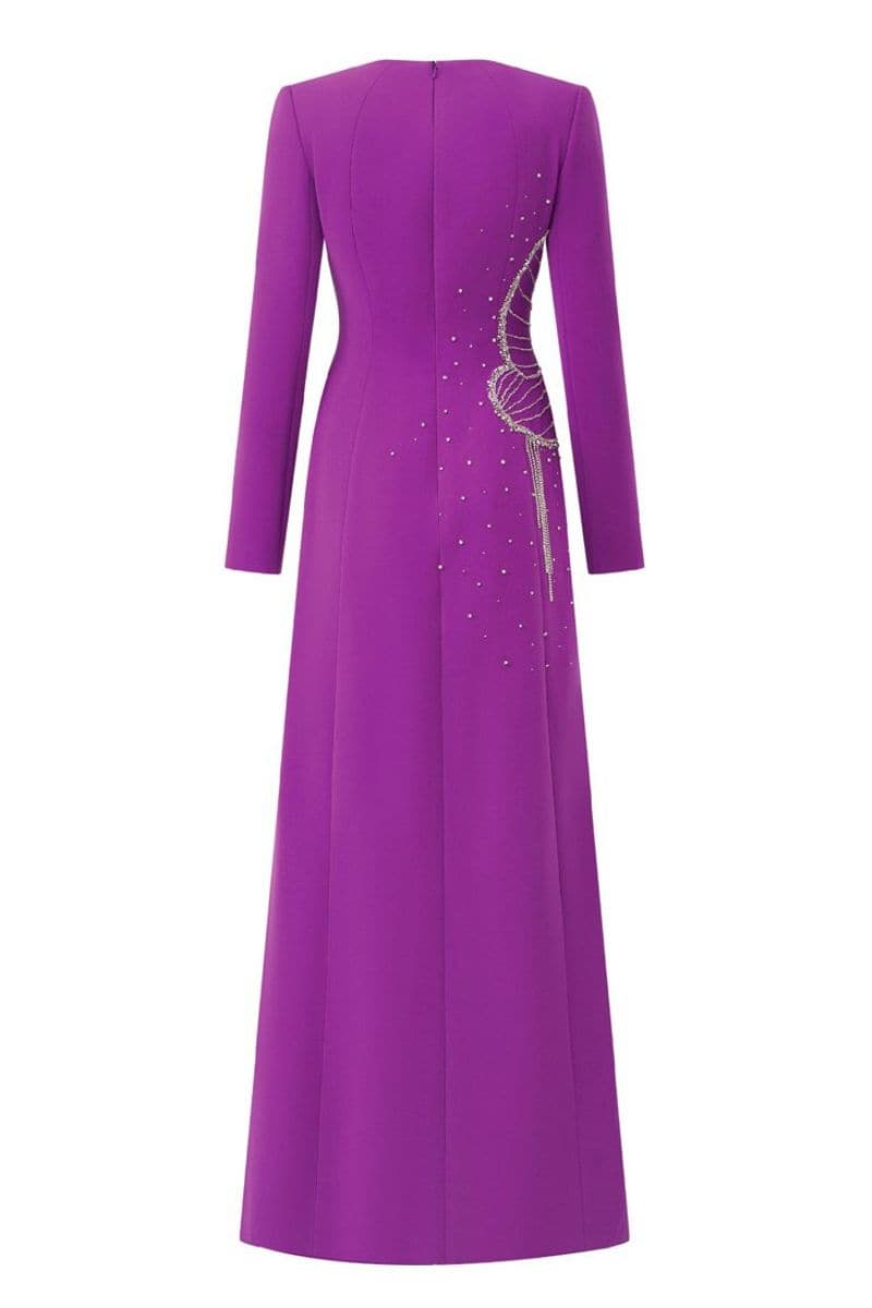 PURPLE CRYSTAL EMBELLISHED LONG SLEEVES GOWN - CULT MIA
