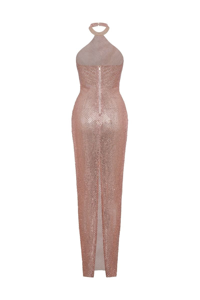 ROSE GOLD SPARKY HALTERNECK MAXI DRESS - CULT MIA