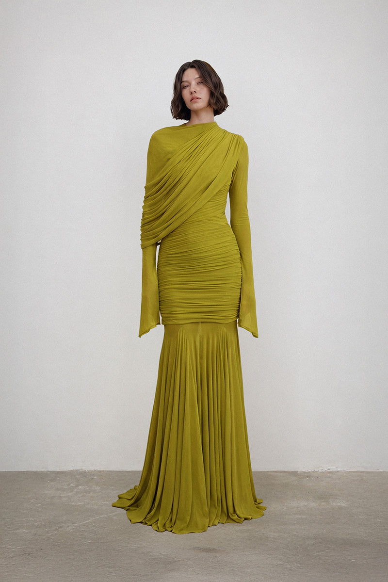 Deme By Gabriella Oakland dress gown in elegant fabric, featuring a flowing silhouette and intricate detailing.