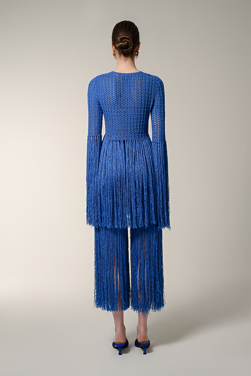 Liya blue fringe top featuring a stylish design with fringe details, perfect for casual or trendy outfits.