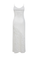 Bocan Couture Elia long rayon nightgown with off-white lace, flowing fabric and delicate lace details at the neckline and hem.