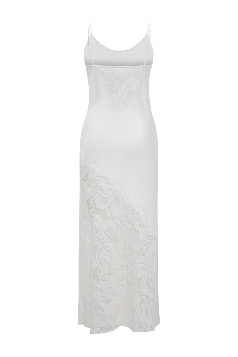 Bocan Couture Elia long rayon nightgown with off-white lace, flowing fabric and delicate lace details at the neckline and hem.