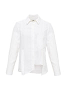 SÉLONE Lorin asymmetric stripe shirt in ecru with uneven hem and striped pattern, casual long-sleeve shirt for women.