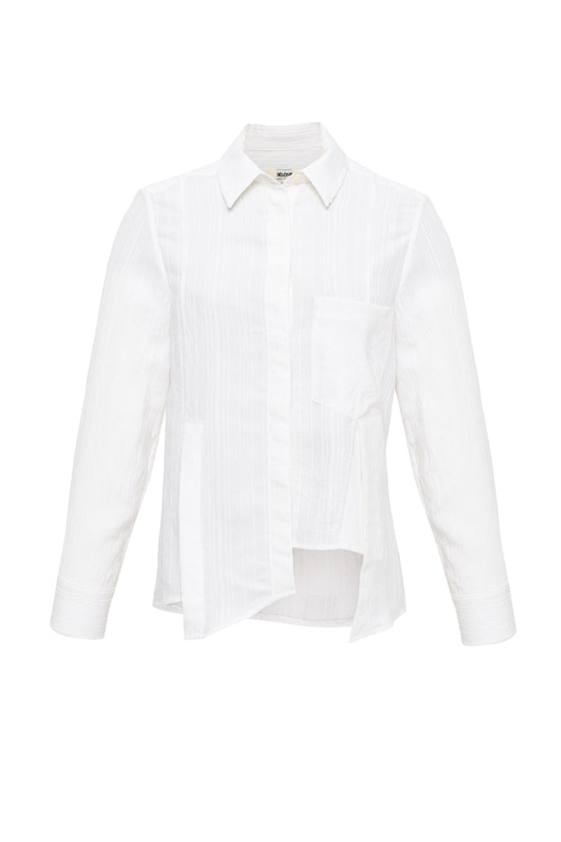 SÉLONE Lorin asymmetric stripe shirt in ecru with uneven hem and striped pattern, casual long-sleeve shirt for women.