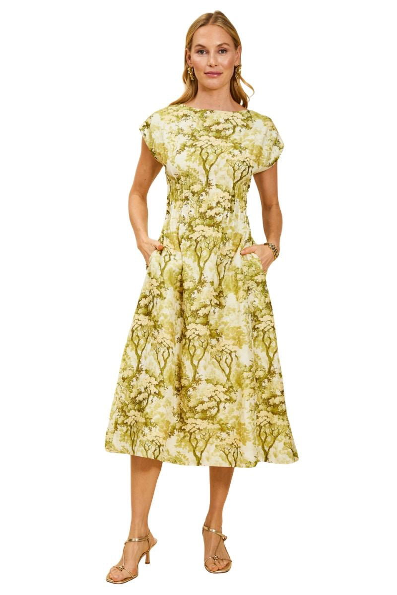 Mestiza New York Quinn midi dress in vibrant citrus toile fabric, knee-length with a flowing silhouette and sleeveless design.