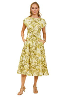 Mestiza New York Quinn midi dress in citrus toile fabric, featuring a flowy silhouette and vibrant print for stylish summer wear.