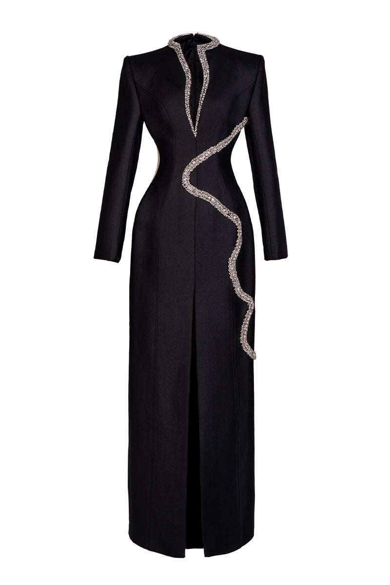 Black GVLUX sheath maxi dress with a stylish wave neckline, form-fitting silhouette, perfect for elegant occasions.