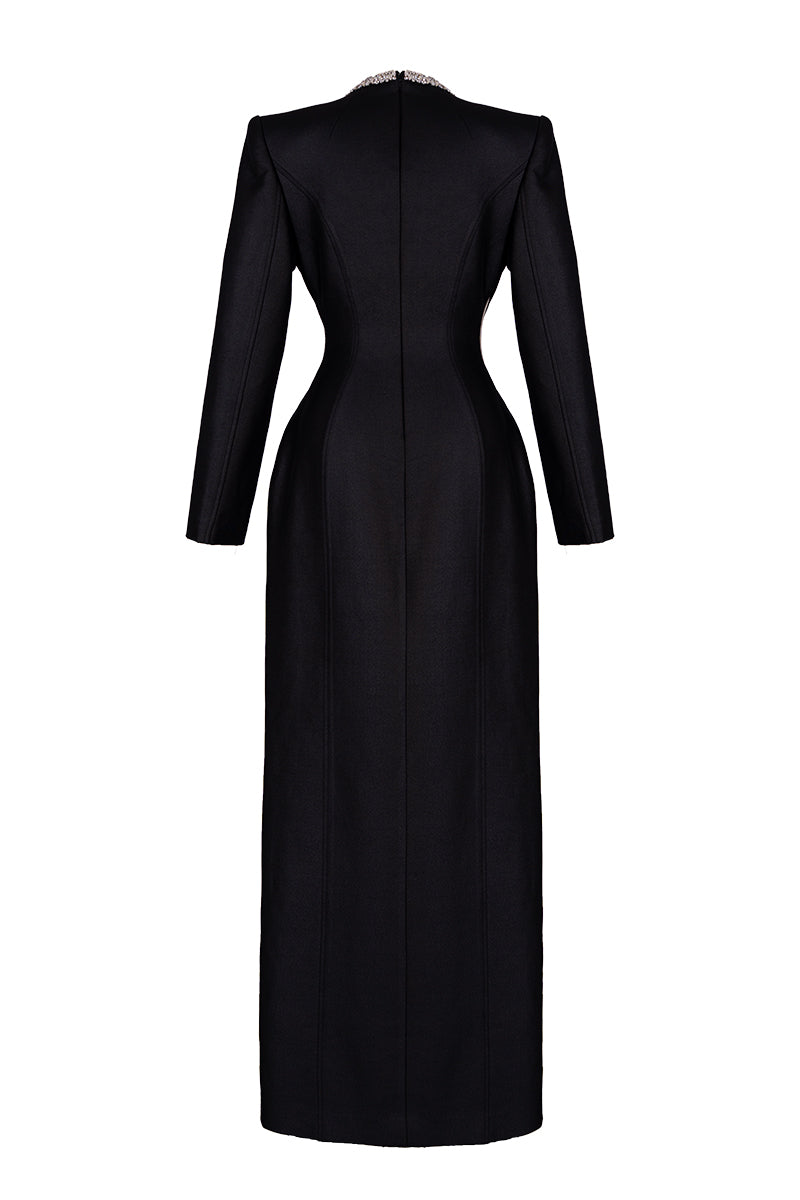 Black GVLUX sheath maxi dress with a wave neckline, elegant fit, and smooth fabric, perfect for formal occasions.