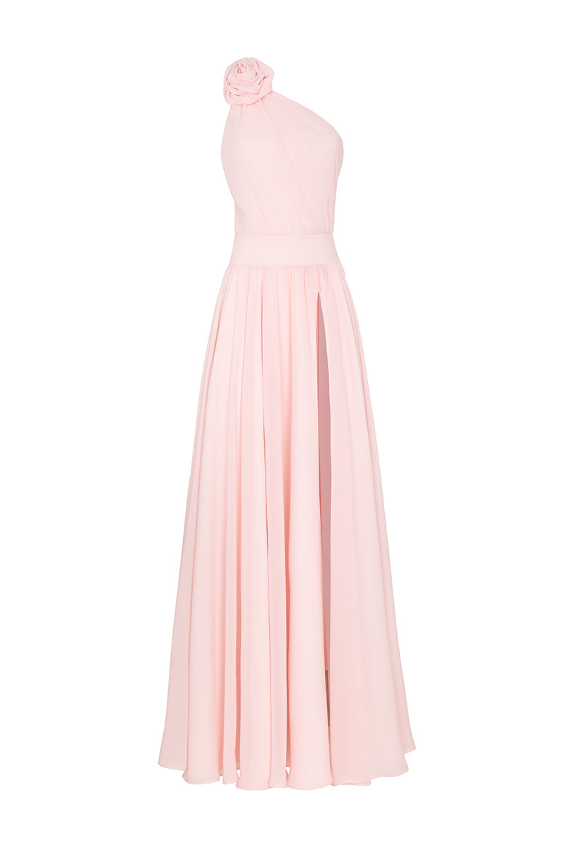 Elegant blush floral gown by Monika Dimova featuring delicate floral patterns and flowing fabric, perfect for formal occasions.