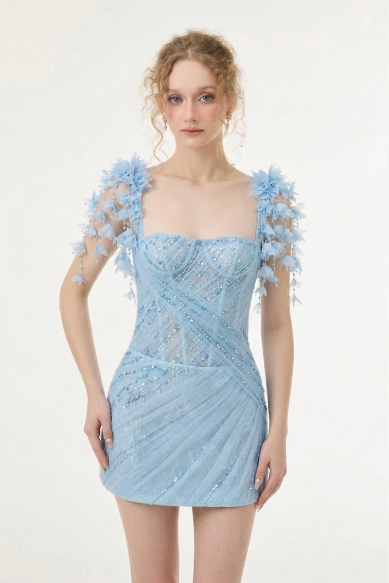 Light blue Catalina tulle and lace mini dress by 21Six, featuring delicate lace details and a flowing tulle skirt.