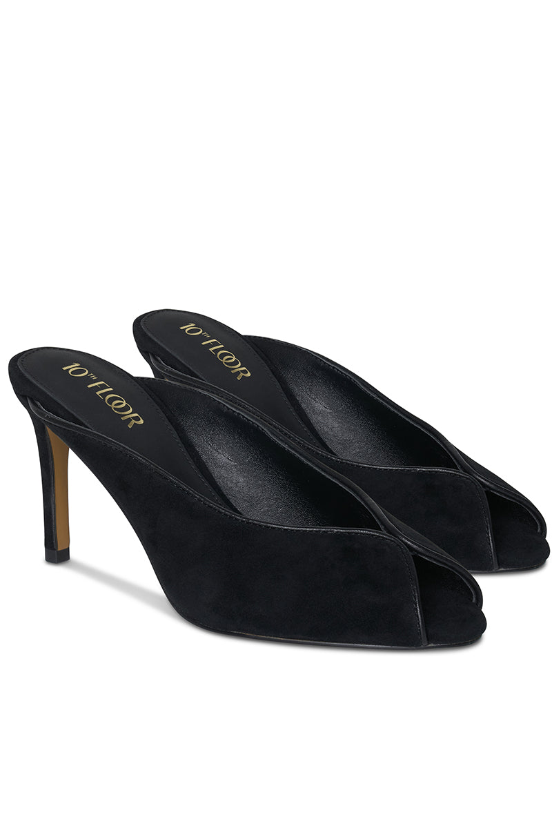 Black RIVA heels by 10TH FLOOR featuring a sleek design and pointed toe, perfect for stylish formal or evening wear.