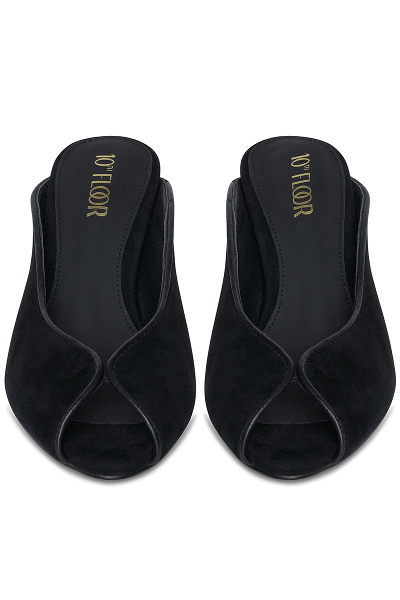 Black RIVA heels by 10TH FLOOR with sleek design and stiletto heel, perfect for formal or evening wear.