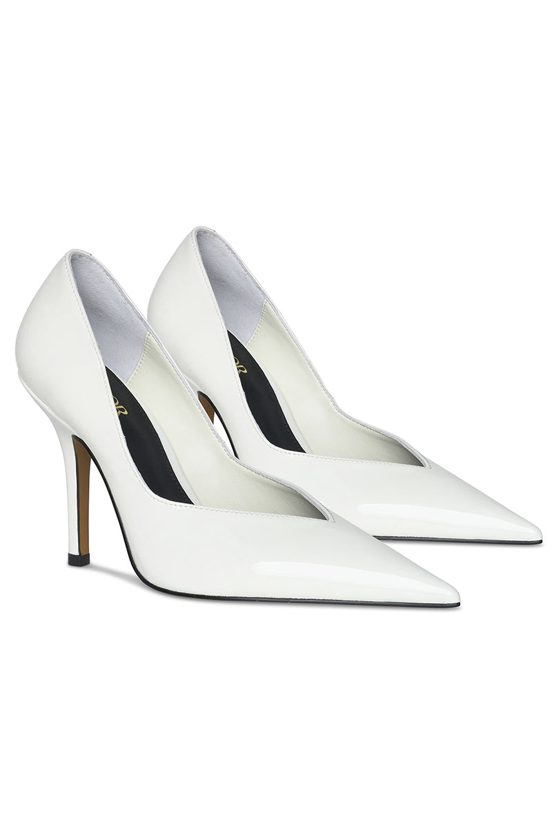 White 10TH FLOOR Uptown Heel in classic high-heeled shoe style with sleek design and pointed toe.