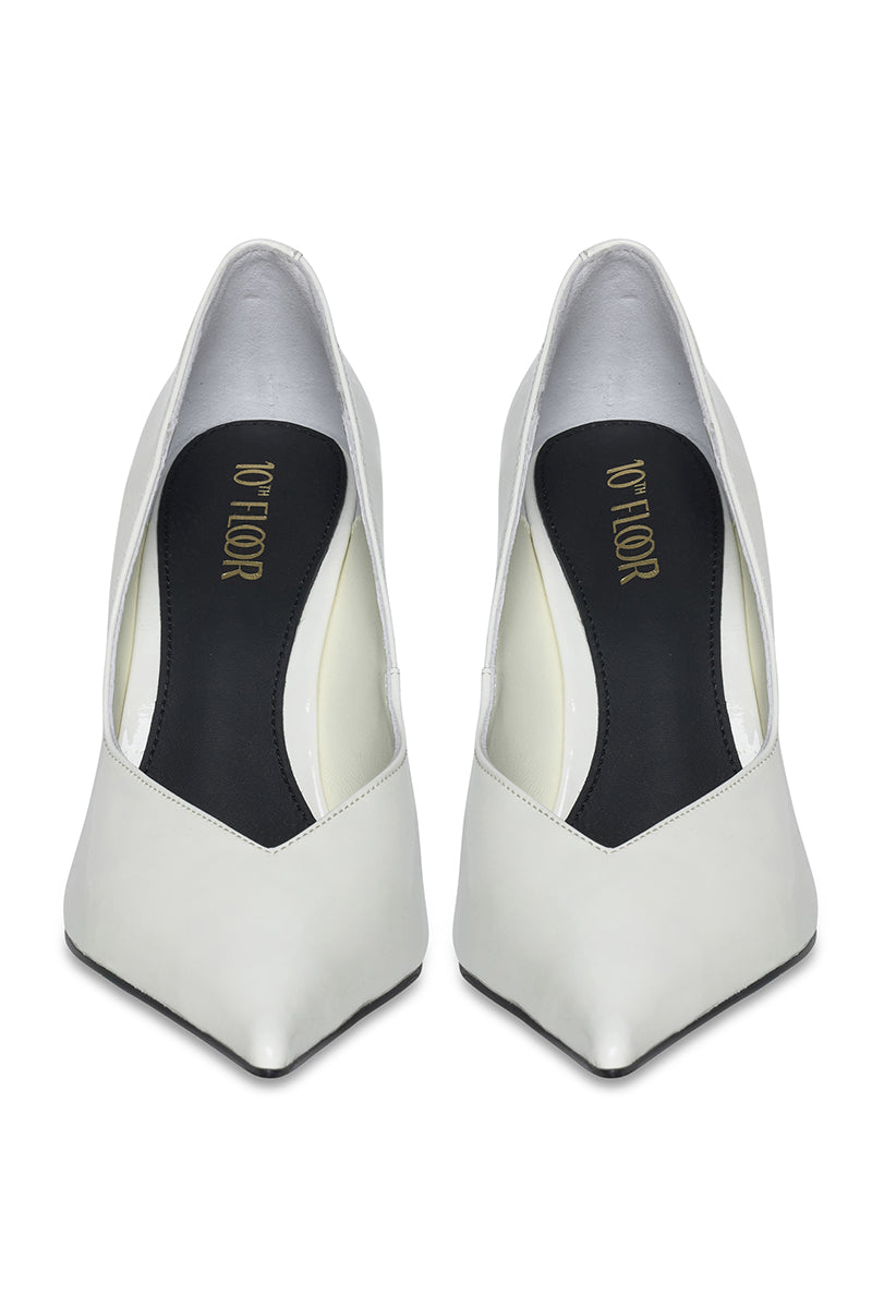 White 10TH FLOOR Uptown heel shoes with a sleek design, showcasing the elegant high heel and stylish ankle strap.