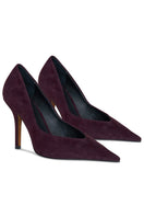 Pair of burgundy 10th Floor Uptown Heels with pointed toes and stiletto heels, stylish for formal or evening wear.