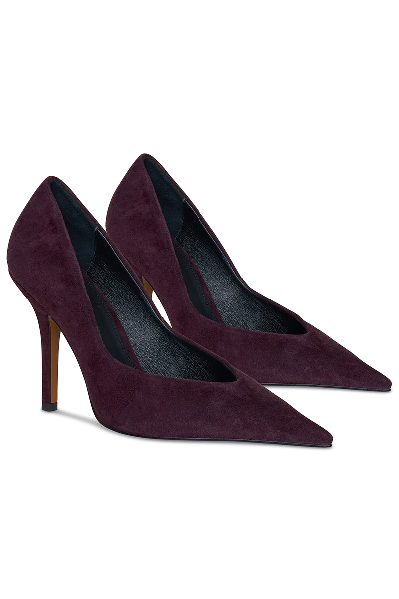 Pair of burgundy 10th Floor Uptown Heels with pointed toes and stiletto heels, stylish for formal or evening wear.