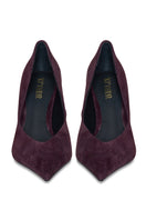 Pair of burgundy 10th Floor Uptown Heels with pointed toes and stiletto heels, stylish for formal or evening wear.