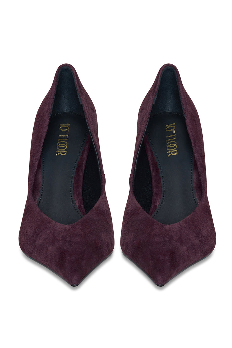 Pair of burgundy 10th Floor Uptown Heels with pointed toes and stiletto heels, stylish for formal or evening wear.