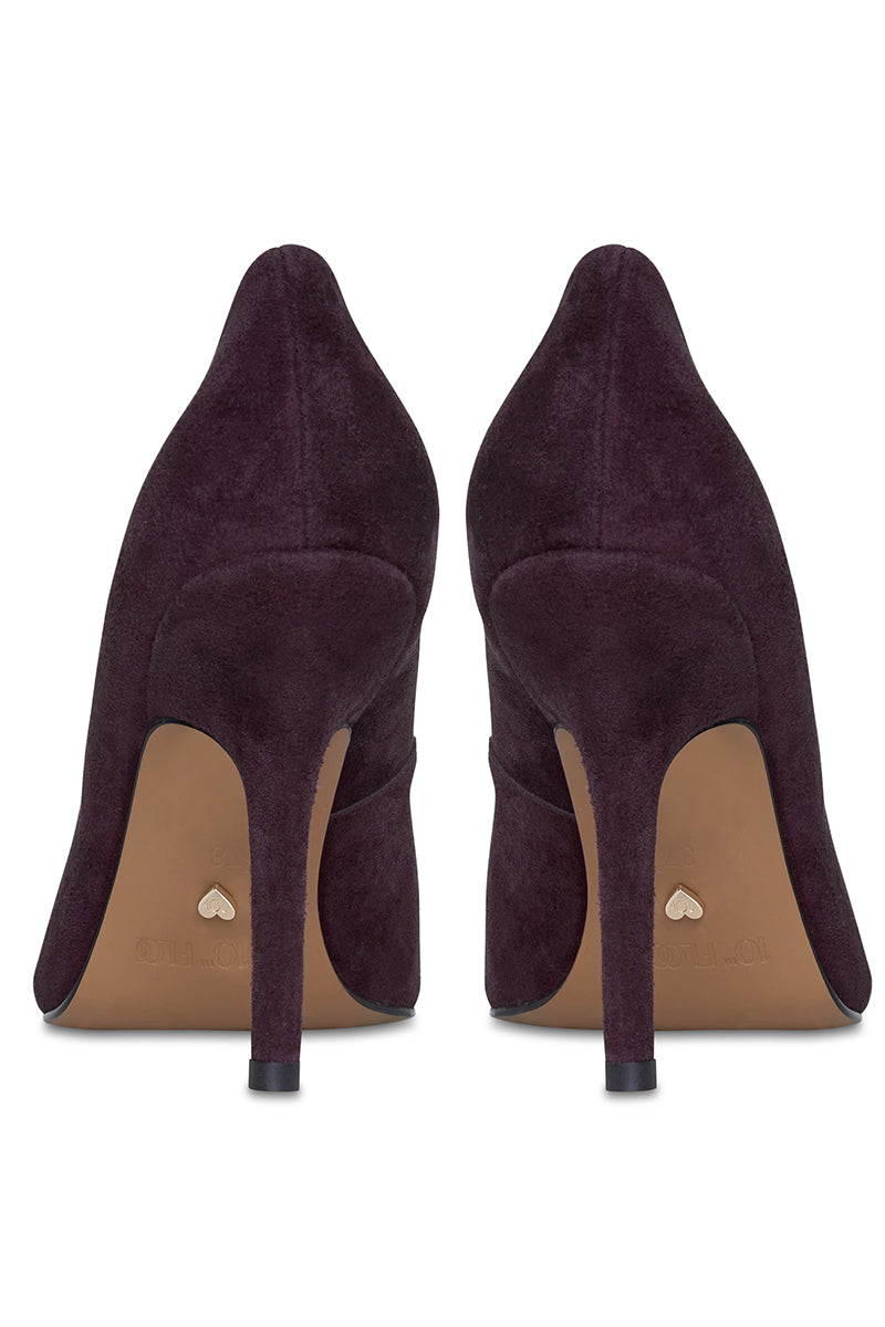 Pair of 10th Floor burgundy UPTOWN heels with pointed toes and stiletto heels, displayed on a neutral background.