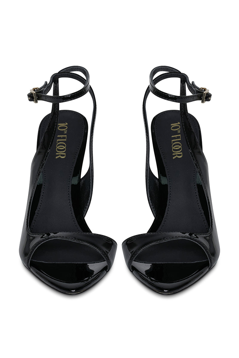 Black 10TH FLOOR MIDNIGHTS heel shoes with sleek design and pointed toe, perfect for stylish evening wear.